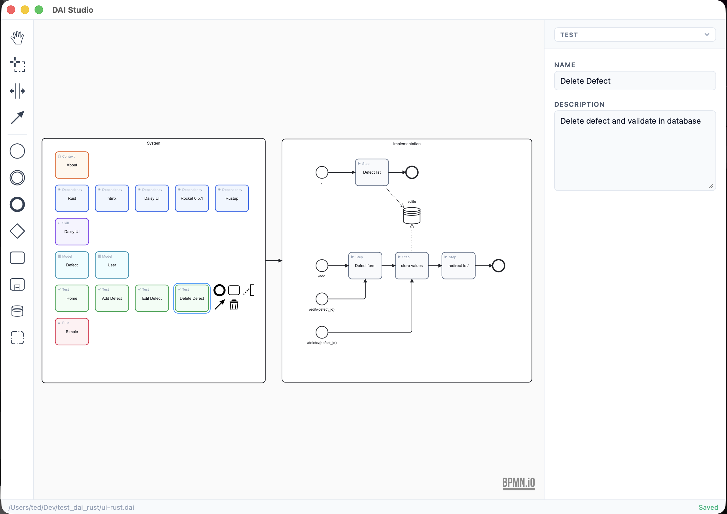 DAI Studio canvas showing a Rust and htmx project workflow with System and Implementation subprocesses, illustrating how DAI structures context for a different tech stack